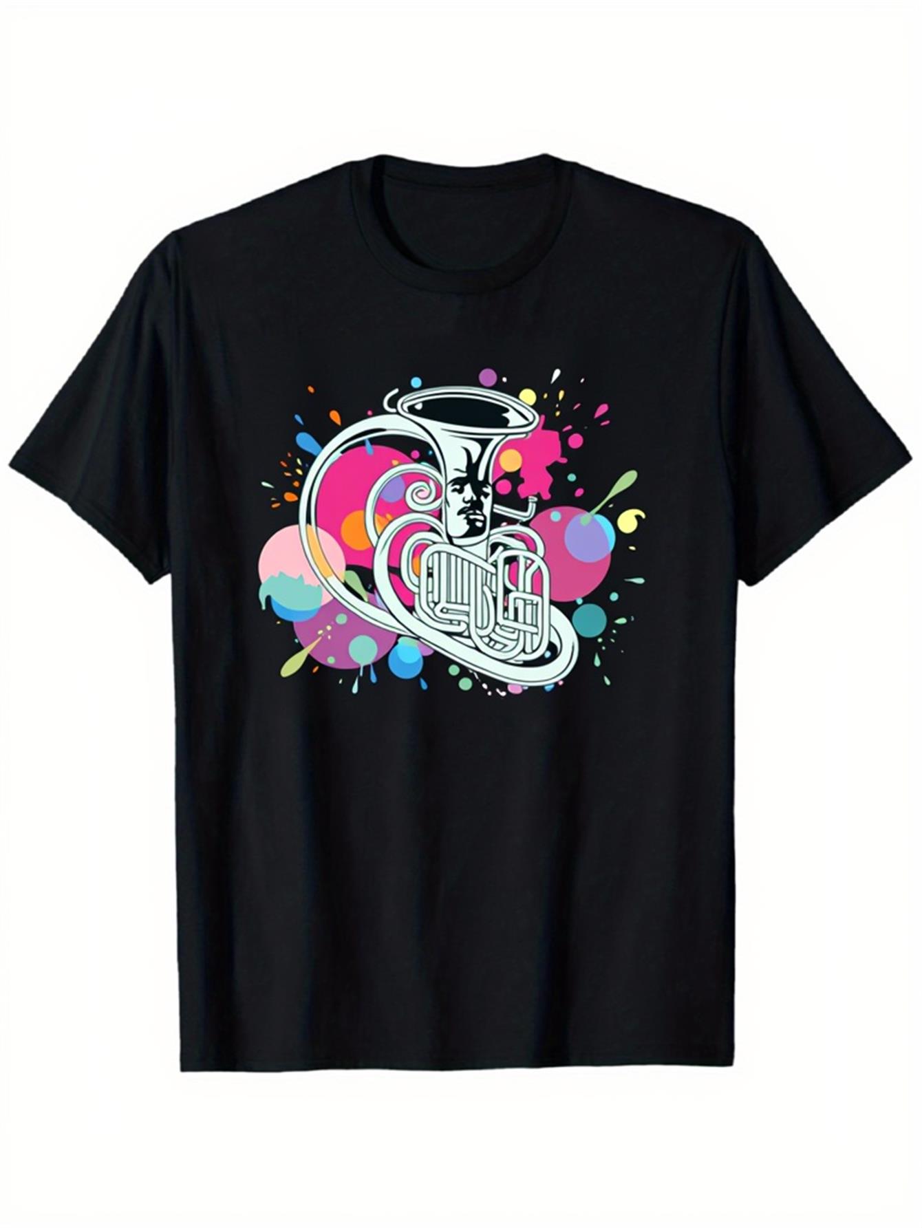 Musical Instrument Horn - Trendy Erkek Siyah Grafik Tişört Tuba